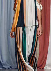 French Cold Shoulder Striped Silk Tops And Pants Set Sleeveless