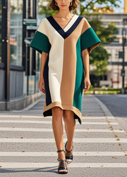 French Colorblock Asymmetrical Patchwork Chiffon Long Dresses Summer