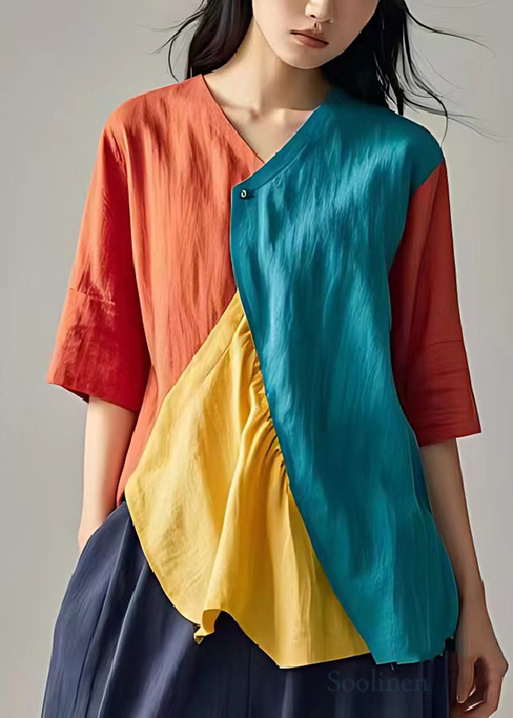 French Colorblock Asymmetrical Patchwork Linen Shirt Top Summer