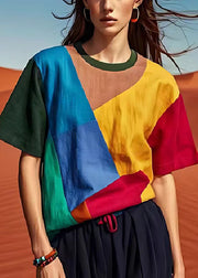 French Colorblock Asymmetrical Patchwork Linen Tank Tops Summer