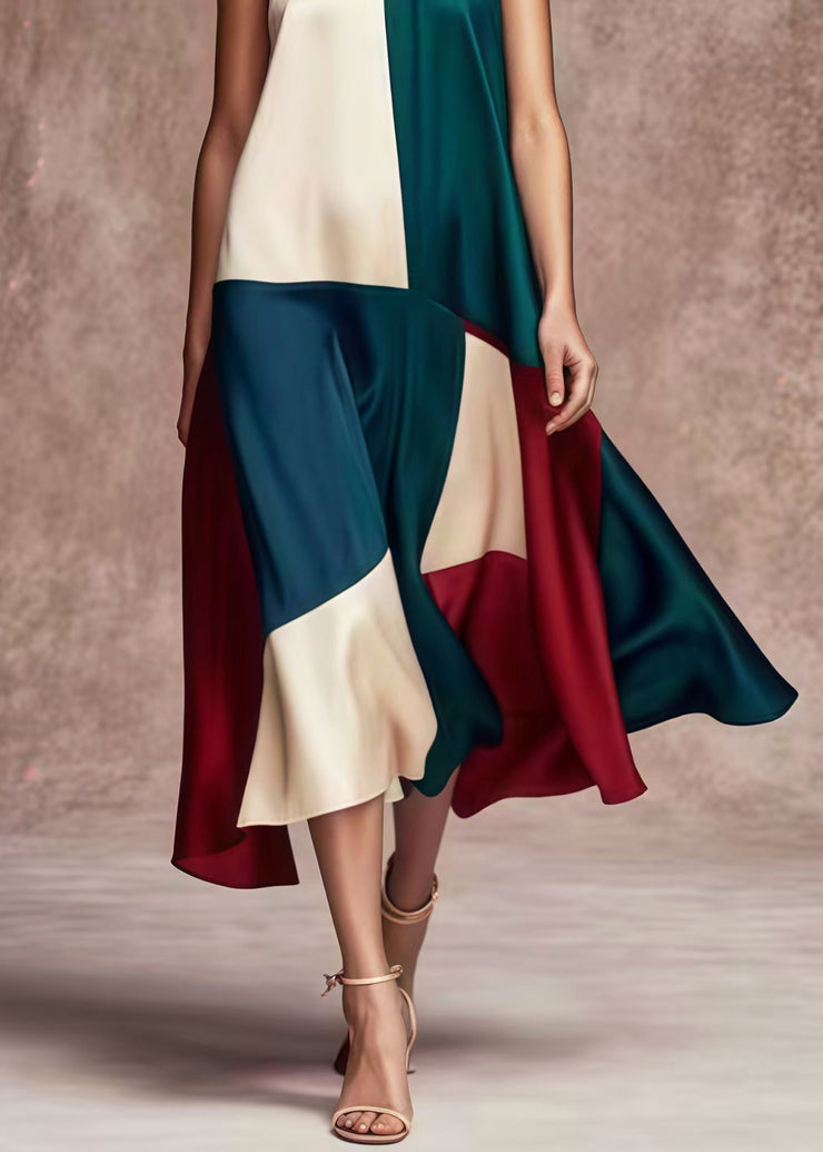 French Colorblock Asymmetrical Patchwork Silk Party Dress Summer