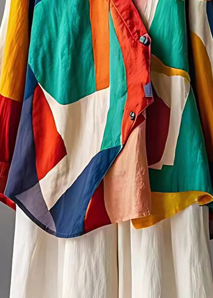 French Colorblock Asymmetrical Print Linen Top Fall