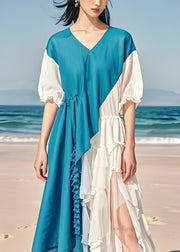 French Colorblock Asymmetrical Ruffled Patchwork Chiffon Dresses Summer