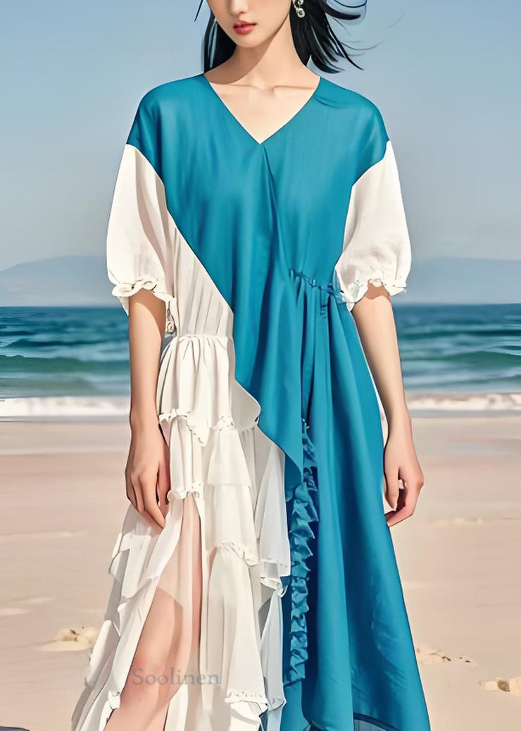 French Colorblock Asymmetrical Ruffled Patchwork Chiffon Dresses Summer