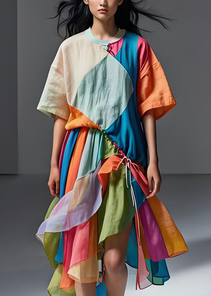 French Colorblock Cinched Asymmetrical Patchwork Cotton Dress Summer