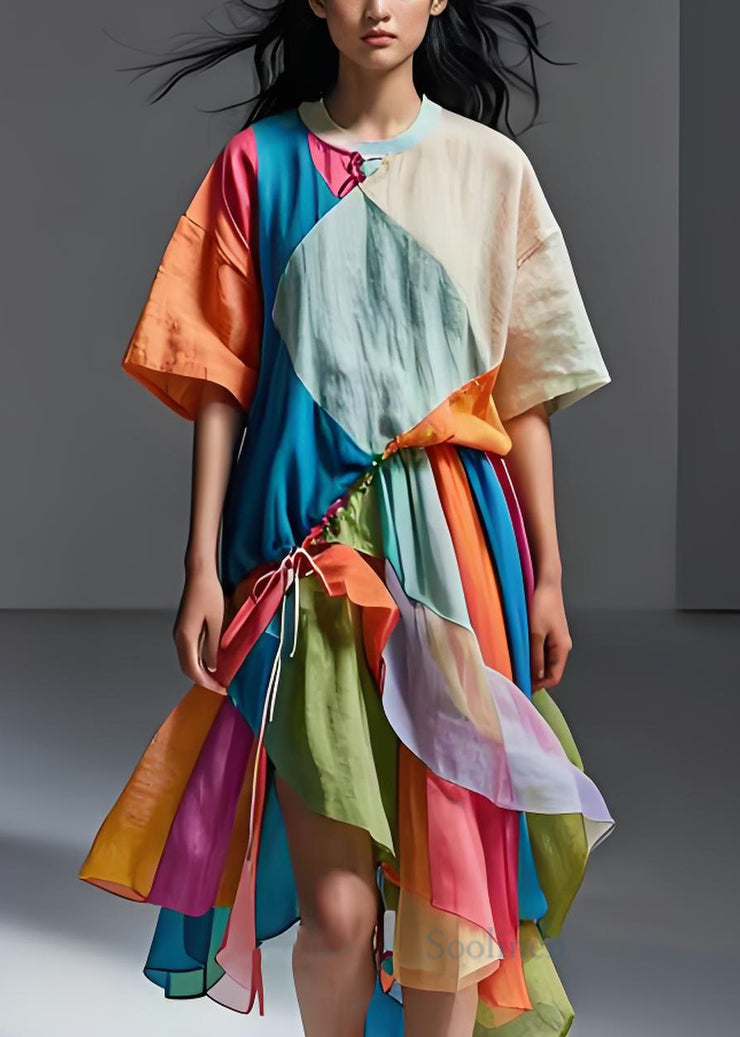 French Colorblock Cinched Asymmetrical Patchwork Cotton Dress Summer