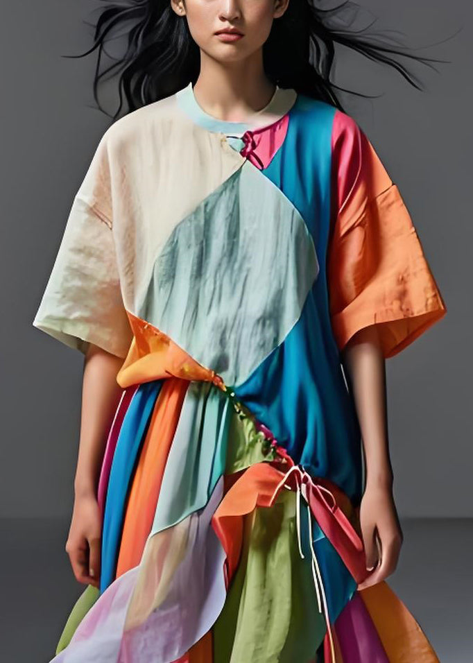 French Colorblock Cinched Asymmetrical Patchwork Cotton Dress Summer
