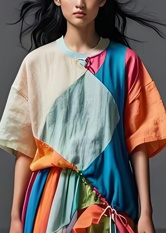 French Colorblock Cinched Asymmetrical Patchwork Cotton Dress Summer