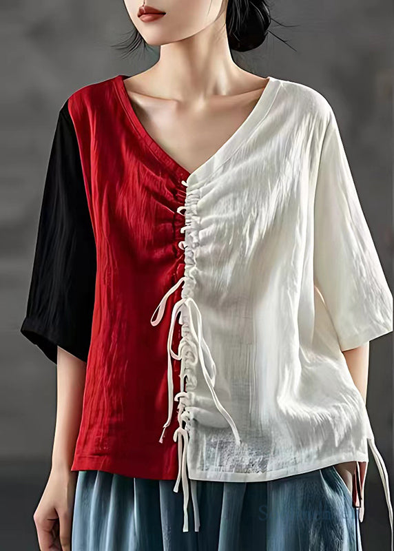 French Colorblock Cinched Patchwork Linen Blouse Tops Summer