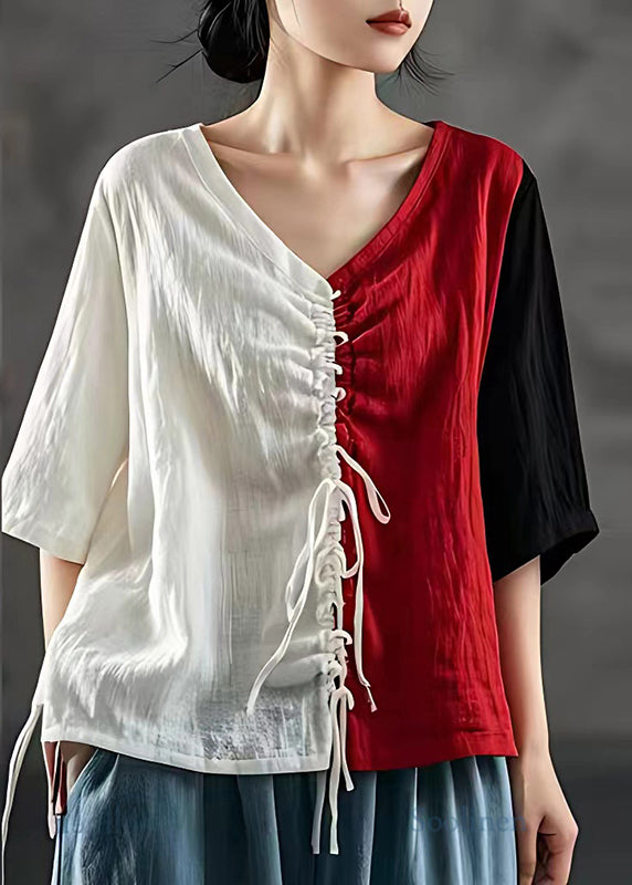 French Colorblock Cinched Patchwork Linen Blouse Tops Summer