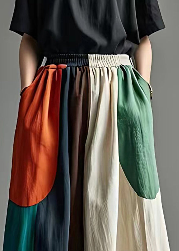 French Colorblock Elastic Waist Pockets Beam Pants