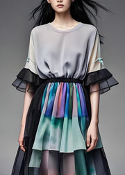 French Colorblock O Neck Wrinkled Patchwork Chiffon Dress Summer