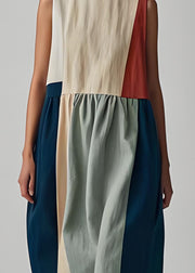 French Colorblock O Neck Wrinkled Patchwork Linen Dress Sleeveless