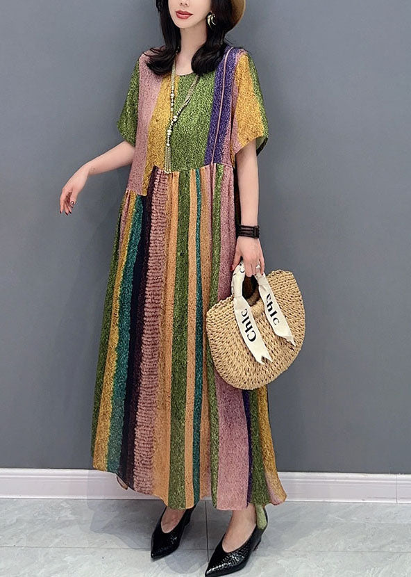 French Colorblock O Neck Wrinkled Patchwork Silk Dress Summer