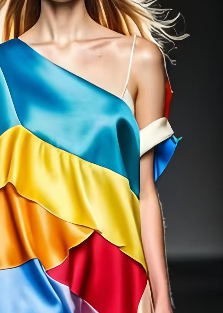 French Colorblock One Shoulder Patchwork Silk Beach Dress Summer