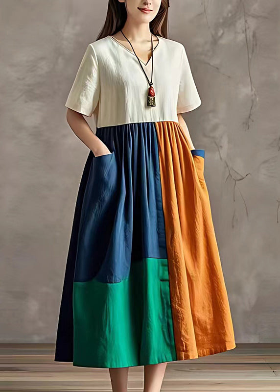 French Colorblock Oversized Patchwork Cotton Maxi Dress Summer