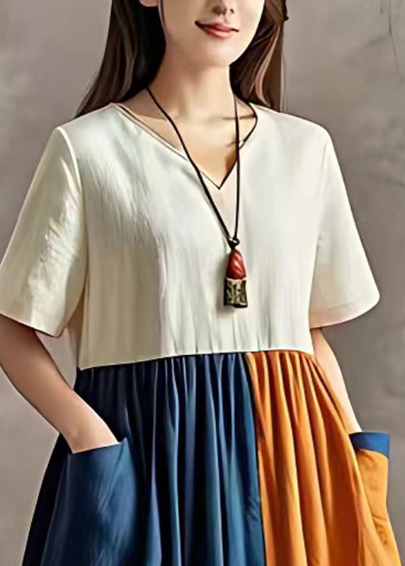 French Colorblock Oversized Patchwork Cotton Maxi Dress Summer