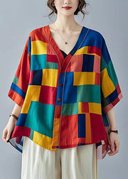 French Colorblock Oversized Print Cotton Shirt Top Summer