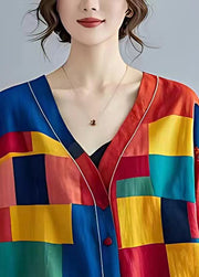 French Colorblock Oversized Print Cotton Shirt Top Summer