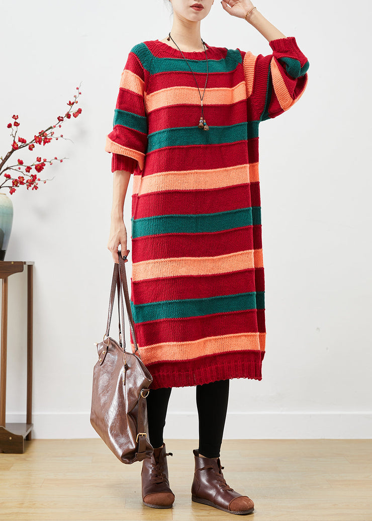 French Colorblock Oversized Striped Knit Sweater Dress Fall