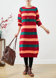 French Colorblock Oversized Striped Knit Sweater Dress Fall