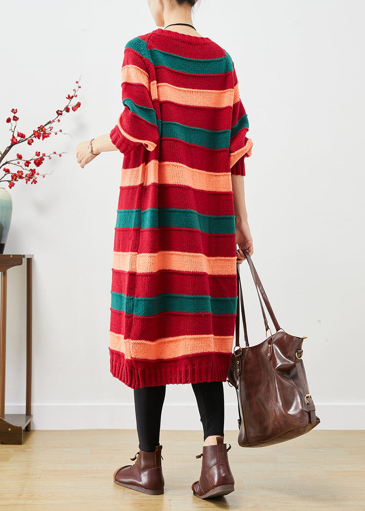 French Colorblock Oversized Striped Knit Sweater Dress Fall