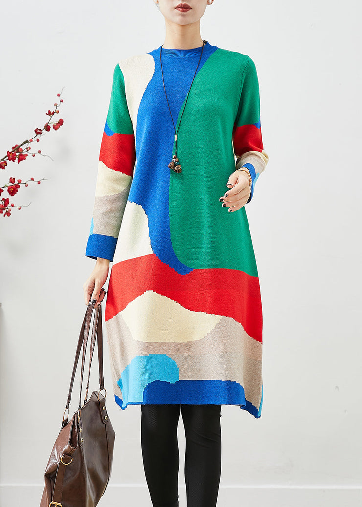 French Colorblock Painting Prints Knit Party Dress Fall