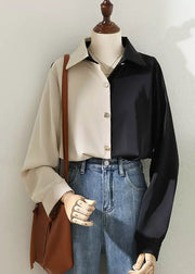 French Colorblock Peter Pan Collar Patchwork Chiffon Shirt Tops Spring