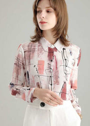 French Colorblock Peter Pan Collar Print Silk Shirt Tops Spring