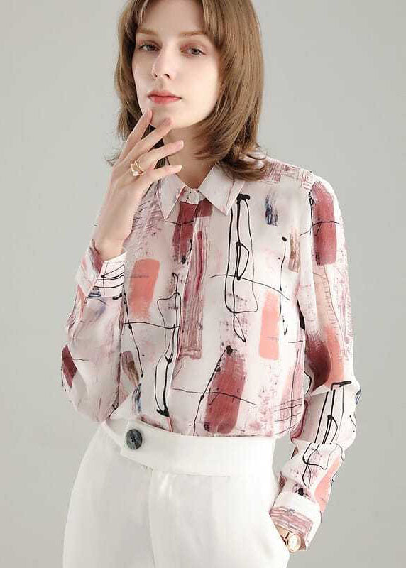 French Colorblock Peter Pan Collar Print Silk Shirt Tops Spring