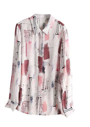 French Colorblock Peter Pan Collar Print Silk Shirt Tops Spring