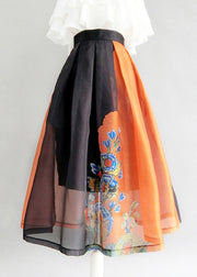 French Colorblock Print High Waist Tulle Skirts Summer