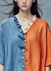 French Colorblock Ruffled Asymmetrical T Shirt Half Sleeve