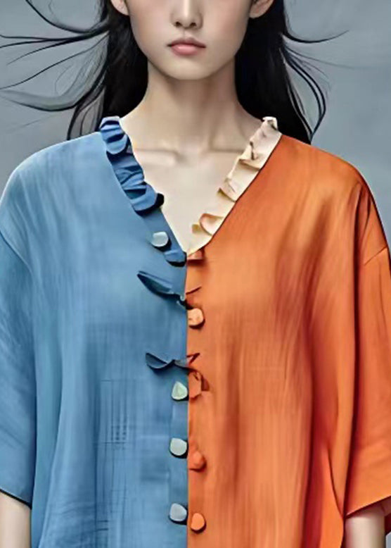 French Colorblock Ruffled Asymmetrical T Shirt Half Sleeve