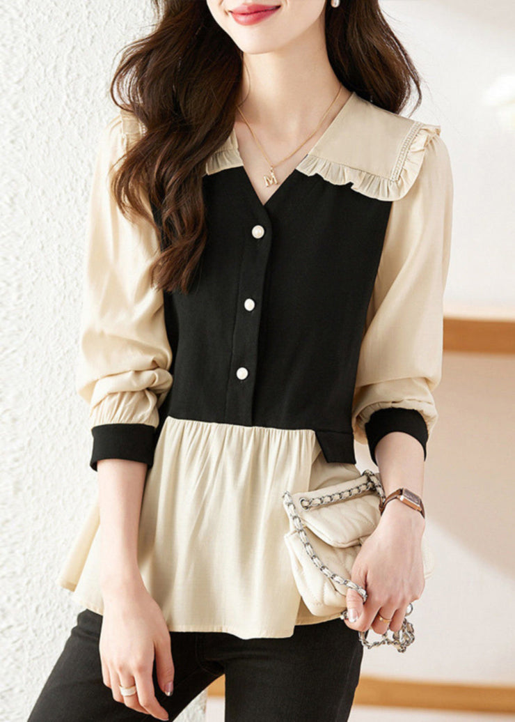 French Colorblock Ruffled Patchwork False Two Pieces Chiffon Shirt Fall