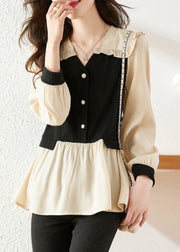 French Colorblock Ruffled Patchwork False Two Pieces Chiffon Shirt Fall