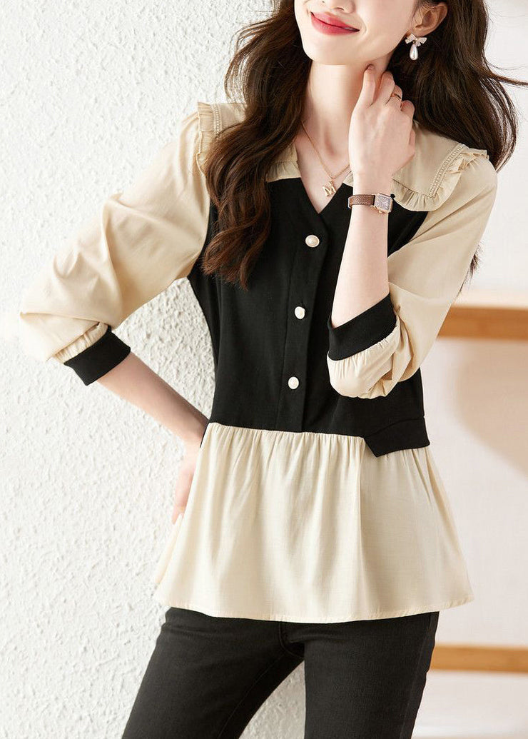 French Colorblock Ruffled Patchwork False Two Pieces Chiffon Shirt Fall