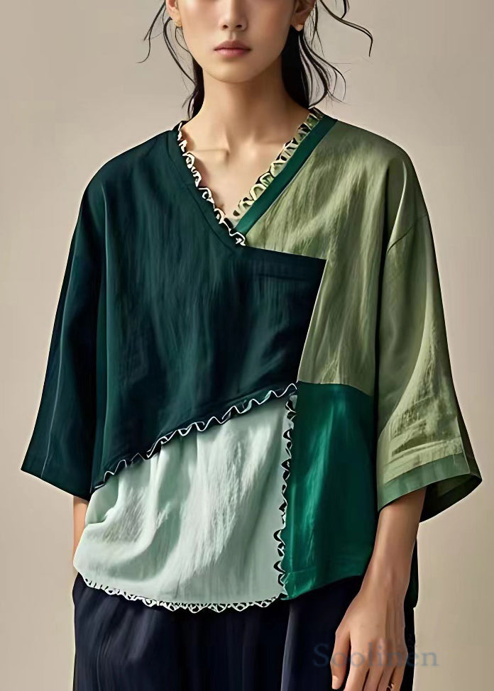 French Colorblock Ruffled Patchwork Linen Tops Half Sleeve
