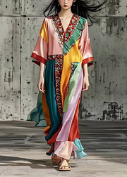 French Colorblock Ruffled Patchwork Silk Maxi Dresses Summer