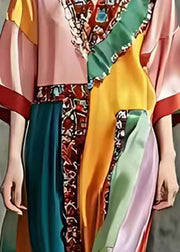 French Colorblock Ruffled Patchwork Silk Maxi Dresses Summer