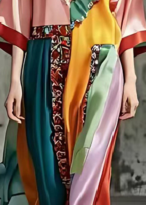 French Colorblock Ruffled Patchwork Silk Maxi Dresses Summer
