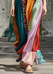 French Colorblock Ruffled Patchwork Silk Maxi Dresses Summer