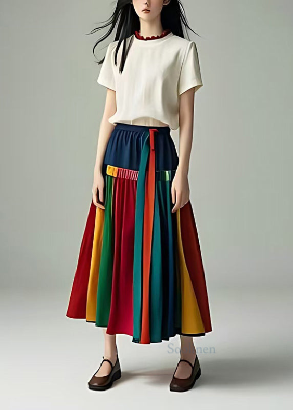 French Colorblock Silm Fit Patchwork Cotton Pleated Skirts Summer