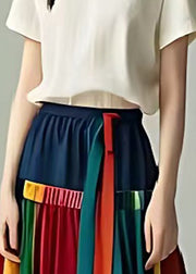 French Colorblock Silm Fit Patchwork Cotton Pleated Skirts Summer