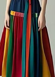 French Colorblock Silm Fit Patchwork Cotton Pleated Skirts Summer