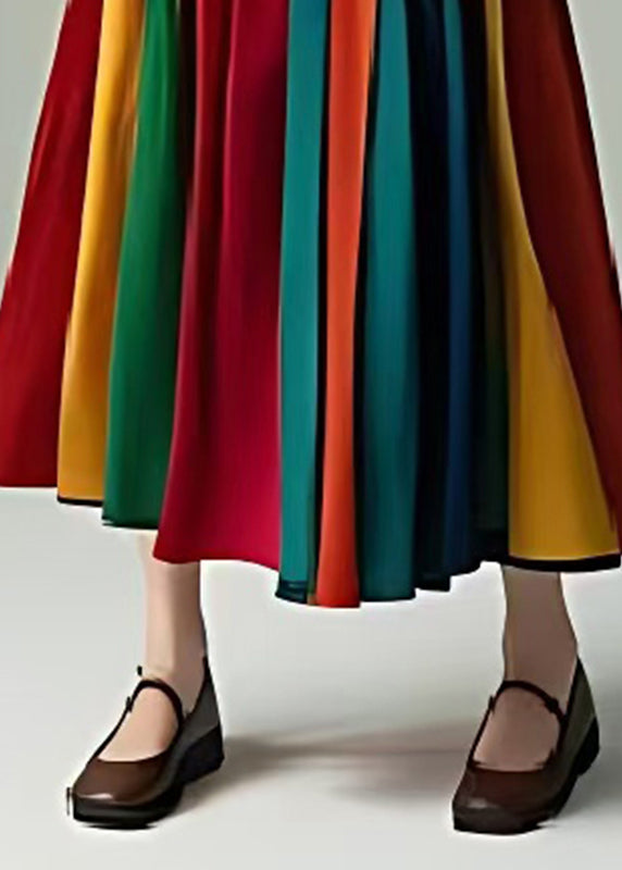 French Colorblock Silm Fit Patchwork Cotton Pleated Skirts Summer