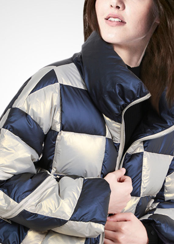 French Colorblock Stand Collar Zip Up Drawstring Plaid Duck Down Puffer Jacket Winter