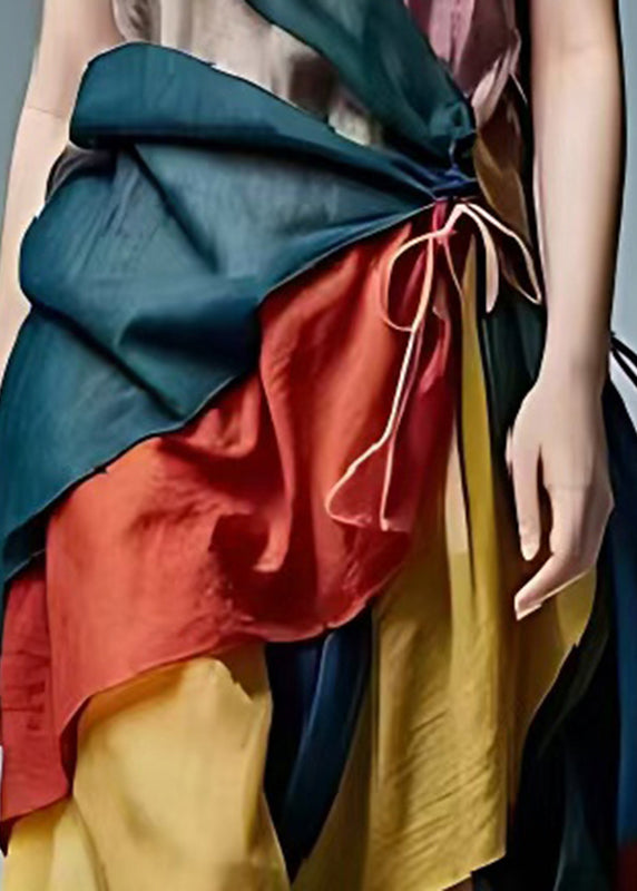French Colorblock Tie Waist Patchwork Cotton Spaghetti Strap Dress Summer