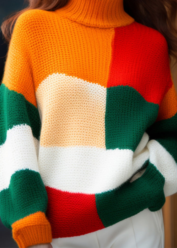 French Colorblock Turtleneck Cozy Knit Sweater Spring