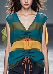 French Colorblock V Neck Drawstring Chiffon Vest Summer